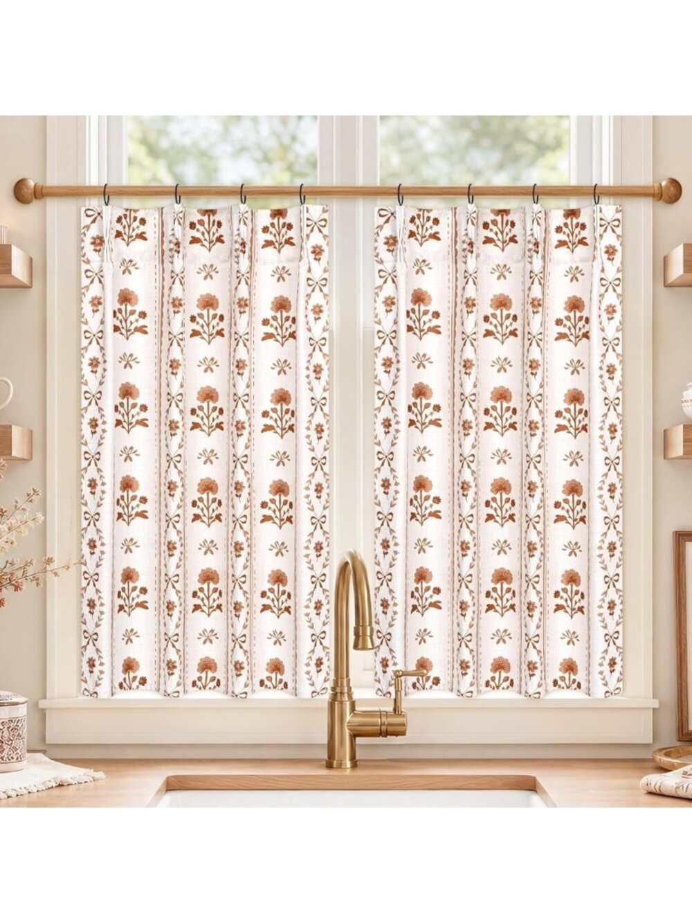Floral Pinch Pleated Cafe Curtains 36" Luxury Linen Kitchen Drapes, Light